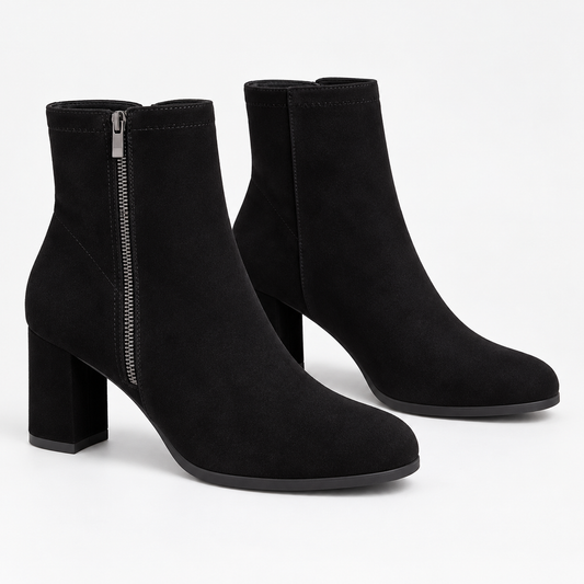 Women's Black Suede Ankle Boots with Side Zipper, Round Toe and Square Heel product image