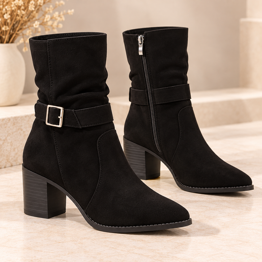 Women's Faux Suede Western Mid-Calf Boots with Pointed Toe, Buckle Strap and Block Heel product image
