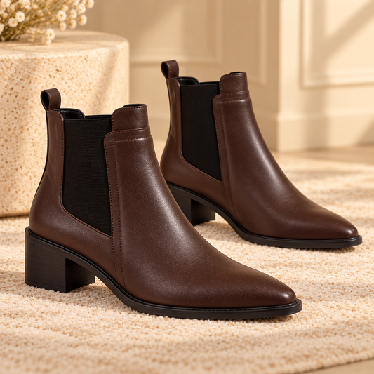Women's Leather Chelsea Ankle Boots with Pointed Toe, Block Heel and Fleece Lining product image