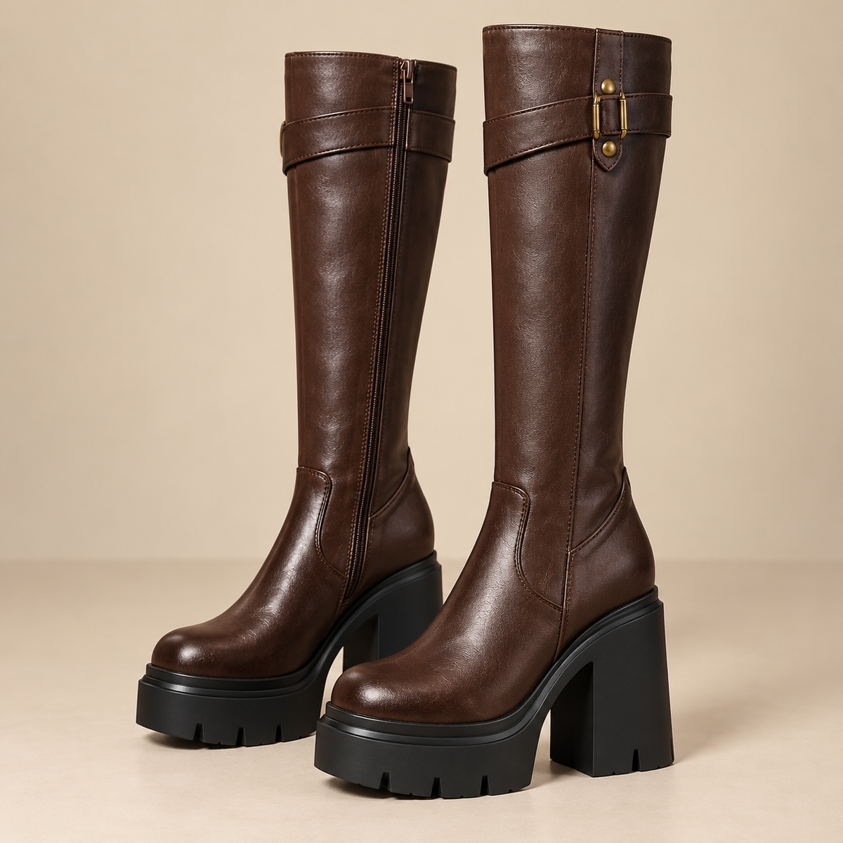 Women's Knee-High Platform Riding Boots with Metal Buckle and Chunky Block Heel product image