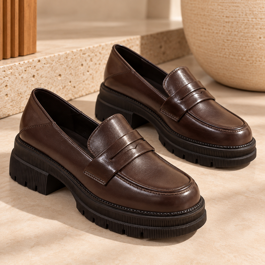 Women's Leather Penny Loafers with Thick Lug Sole and Chunky Block Heel product image