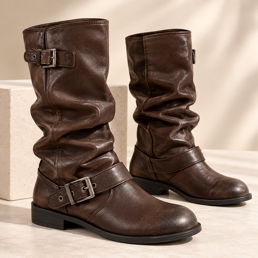 Women's Leather Mid-Calf Boots with Slouchy Shaft, Buckle Straps and Low Heel product image