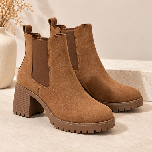 Women's Camel Chelsea Ankle Boots with Elastic Side Panels, Lug Sole and Block Heel product image