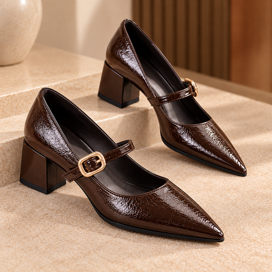 Women's Leather Mary Jane Pumps with Pointed Toe, Buckle Strap and Chunky Heel product image