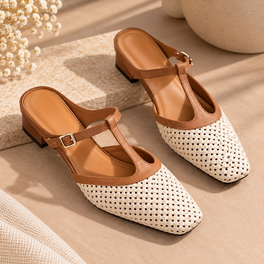 Women's Mule Sandals with Woven Square Toe, T-Strap and Low Block Heel product image