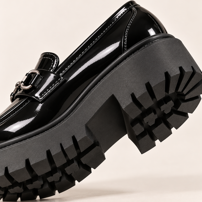Women's Glossy Black Leather Platform Loafers with Chunky Lug Sole alternate view