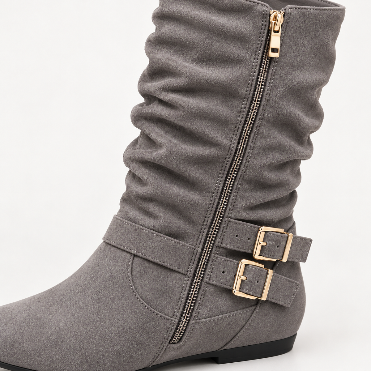 Women's Suede Knee-High Boots with Double Buckles, Side Zipper and Flat Heel alternate view