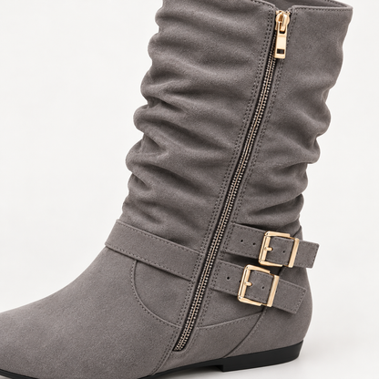 Women's Suede Knee-High Boots with Double Buckles, Side Zipper and Flat Heel alternate view