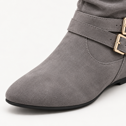 Women's Suede Knee-High Boots with Double Buckles, Side Zipper and Flat Heel alternate view