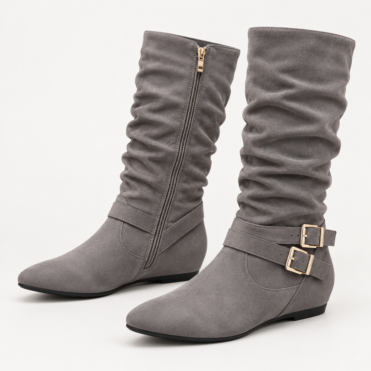 Women's Suede Knee-High Boots with Double Buckles, Side Zipper and Flat Heel alternate view