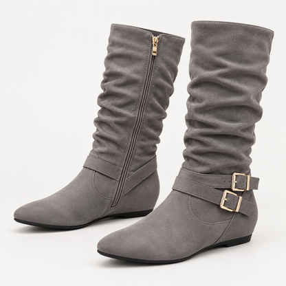 Women's Suede Knee-High Boots with Double Buckles, Side Zipper and Flat Heel alternate view