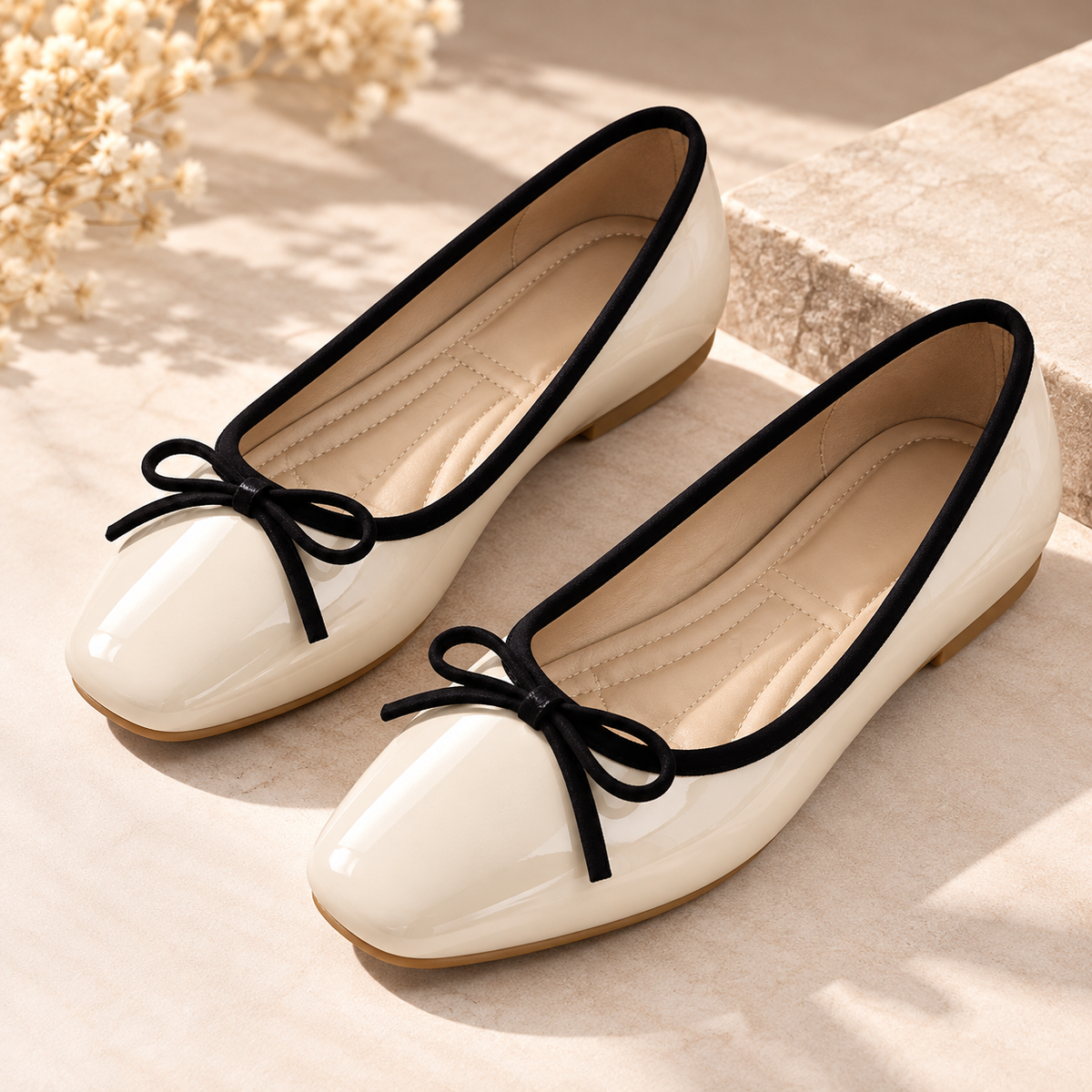 Women's Ballet Flats with Glossy Finish, Bow Detail and Rounded Square Toe product image