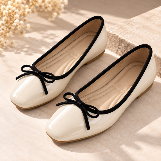 Women's Ballet Flats with Glossy Finish, Bow Detail and Rounded Square Toe product image