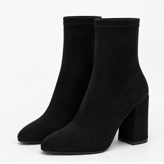 Women's Black Ankle Boots with Chunky Block Heel and Slim Stretch Shaft - Google Shopping square product image