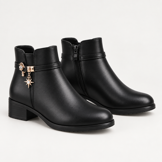 Women's Black Ankle Boots with Low Block Heel and Decorative Side Buckle product image