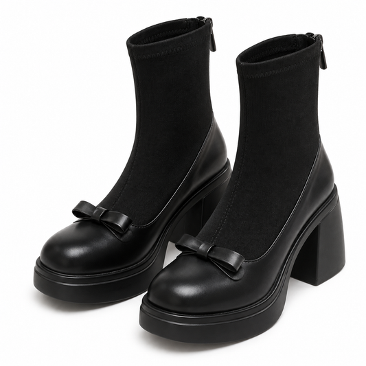 Women's Round-Toe Ankle Boots with Block Heel, Bow Detail and Stretch Sock Shaft product image