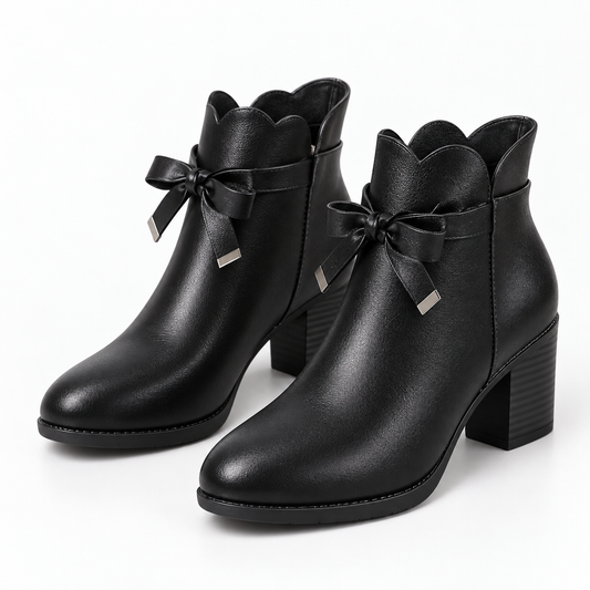 Women's Black Ankle Boots with Block Heel, Bow Detail & Scalloped Collar product image