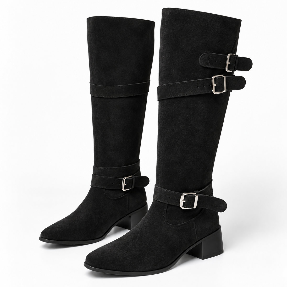Women's Knee-High Boots with Multi-Buckle Straps, Pointed Toe and Block Heel alternate view