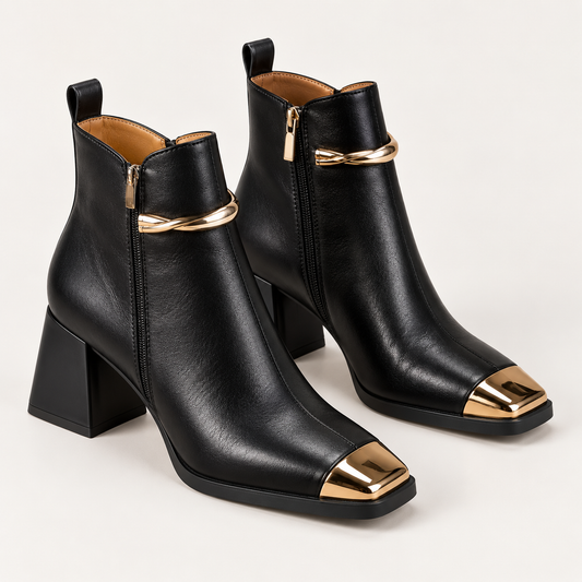 Women's Square Toe Ankle Boots with Gold-Tone Toe Cap, Block Heel and Side Zip product image