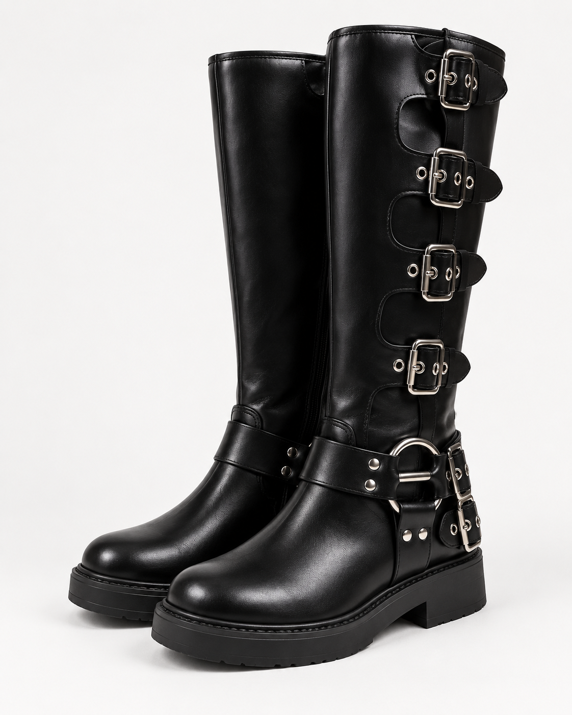 Women's Knee-High Buckle Boots with Platform Sole and Low Heel product image