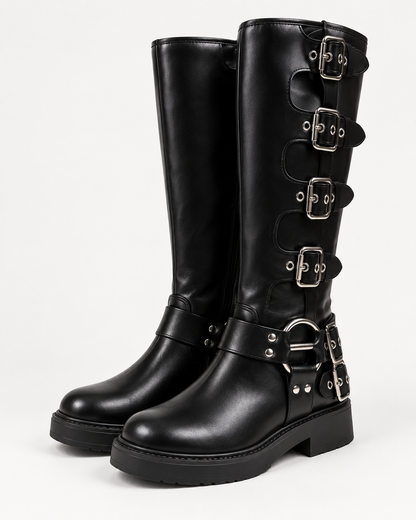 Women's Knee-High Buckle Boots with Platform Sole and Low Heel product image