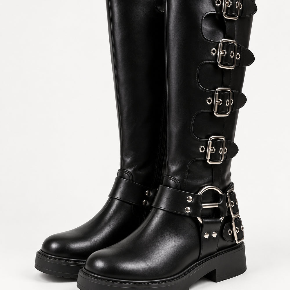 Women's Knee-High Buckle Boots with Platform Sole and Low Heel - Google Shopping product image