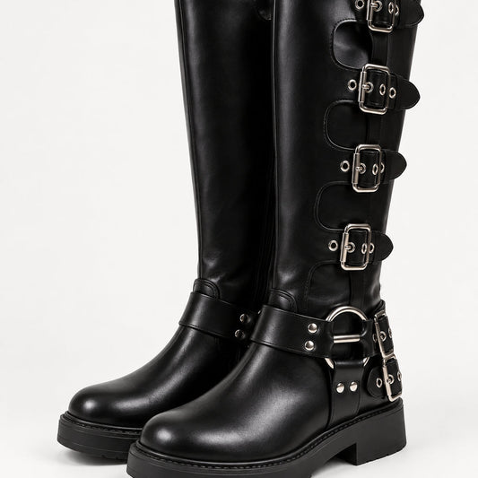 Women's Knee-High Buckle Boots with Platform Sole and Low Heel - Google Shopping product image