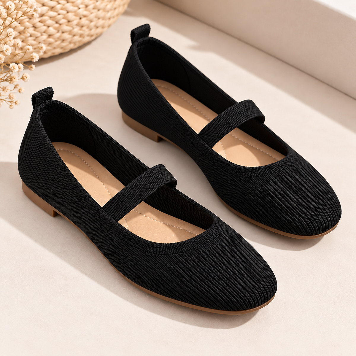 Women's Knit Mary Jane Ballet Flats with Instep Strap and Round Toe alternate view