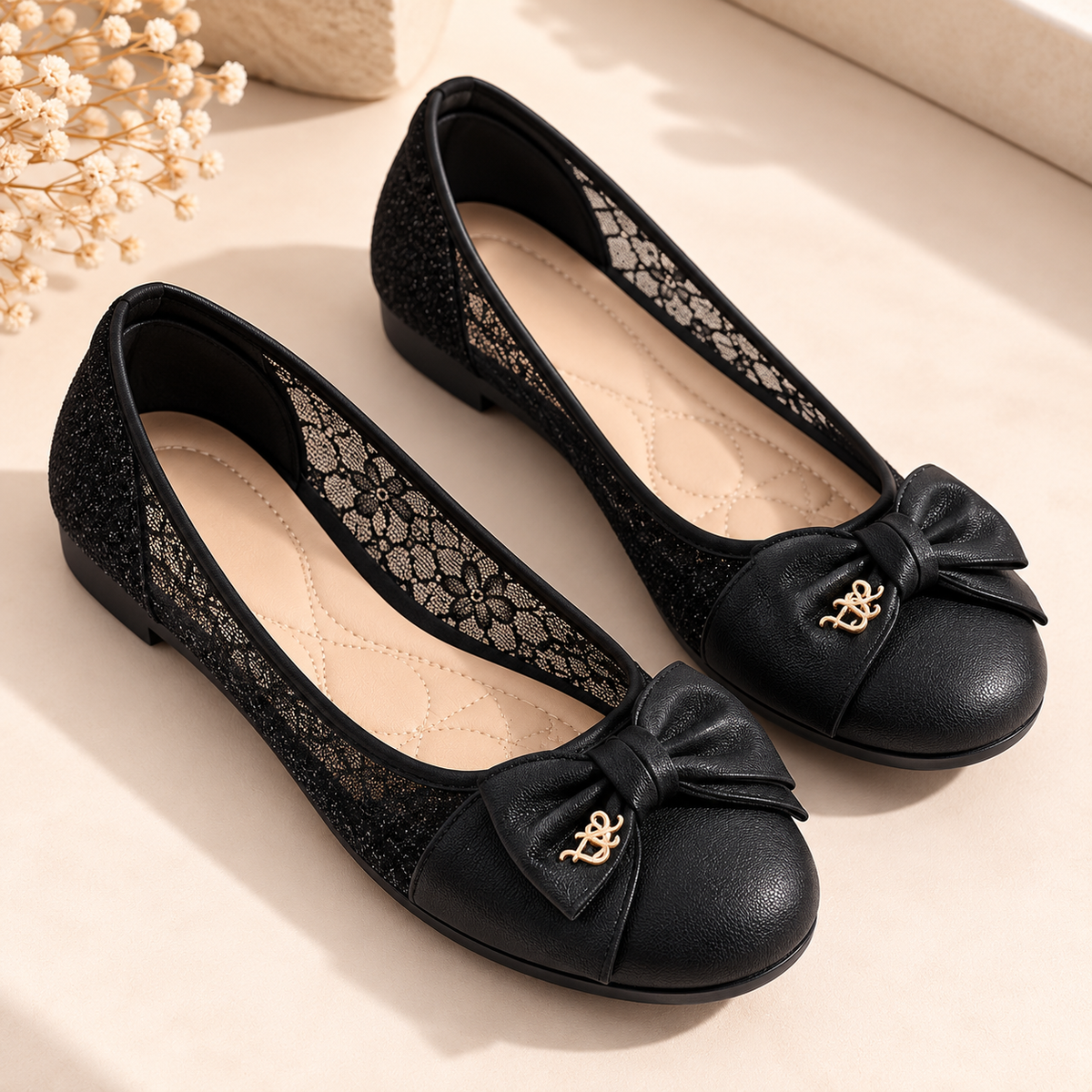 Women's Mesh Ballet Flats with Bow Detail and Round Toe product image