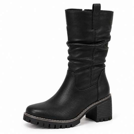 Women's Black Mid-Calf Boots with Ruched Shaft, Side Zip and Chunky Heel product image