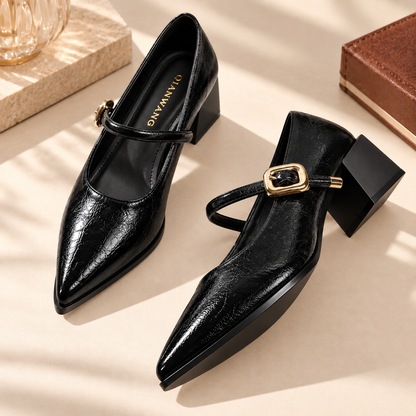 Women's Pointed Toe Mary Jane Pumps with Buckle Strap and Chunky Block Heel alternate view