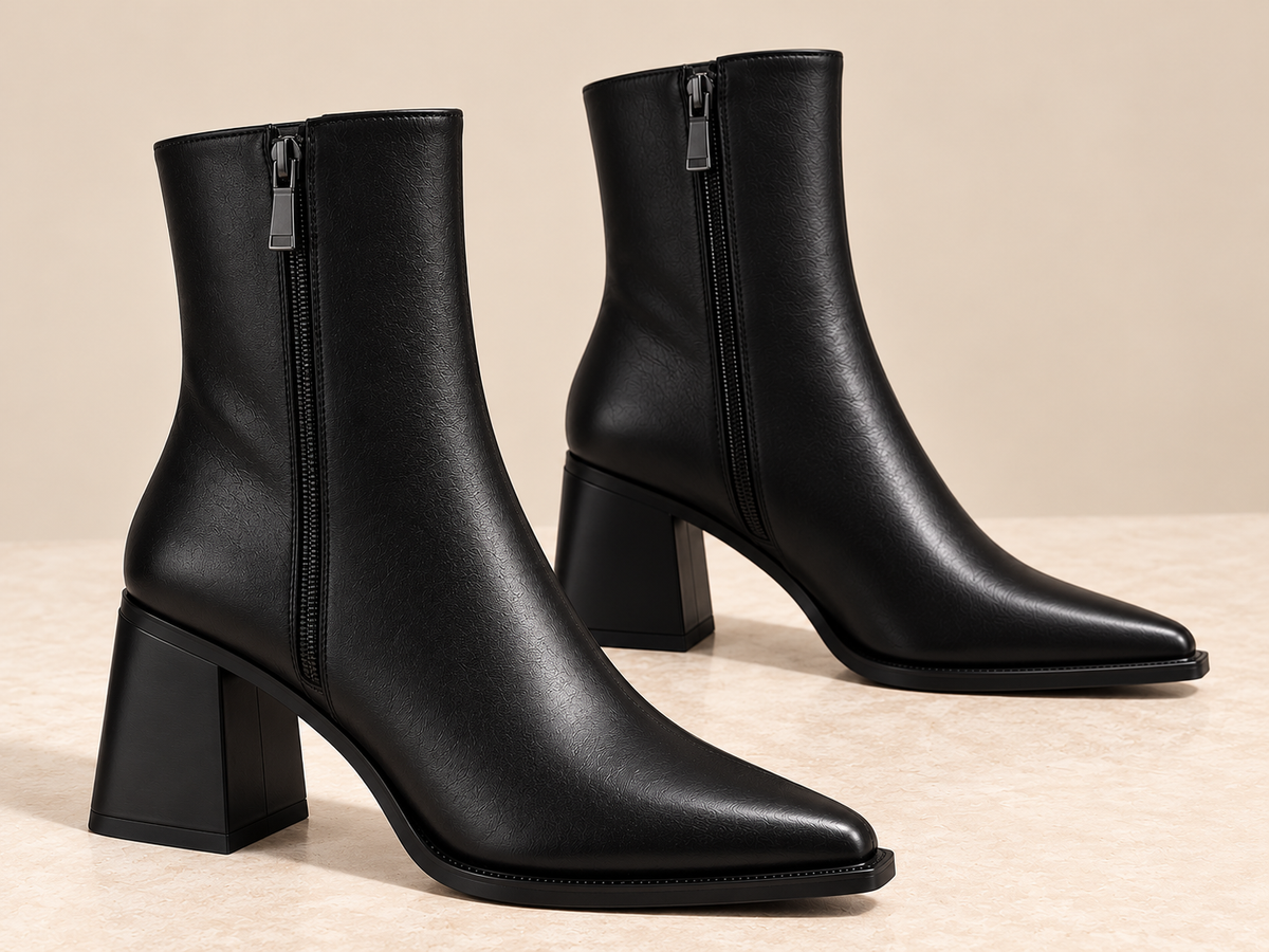 Women's Black Pointed Toe Ankle Boots with Side Zip and Chunky Block Heel alternate view