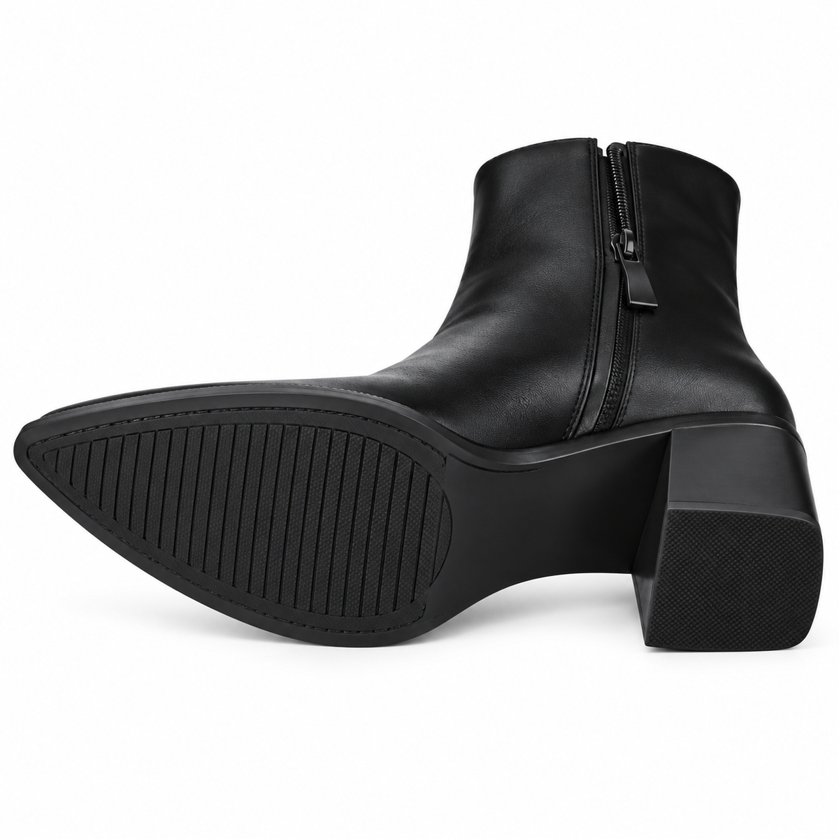 Women's Black Pointed Toe Ankle Boots with Side Zip and Chunky Block Heel alternate view