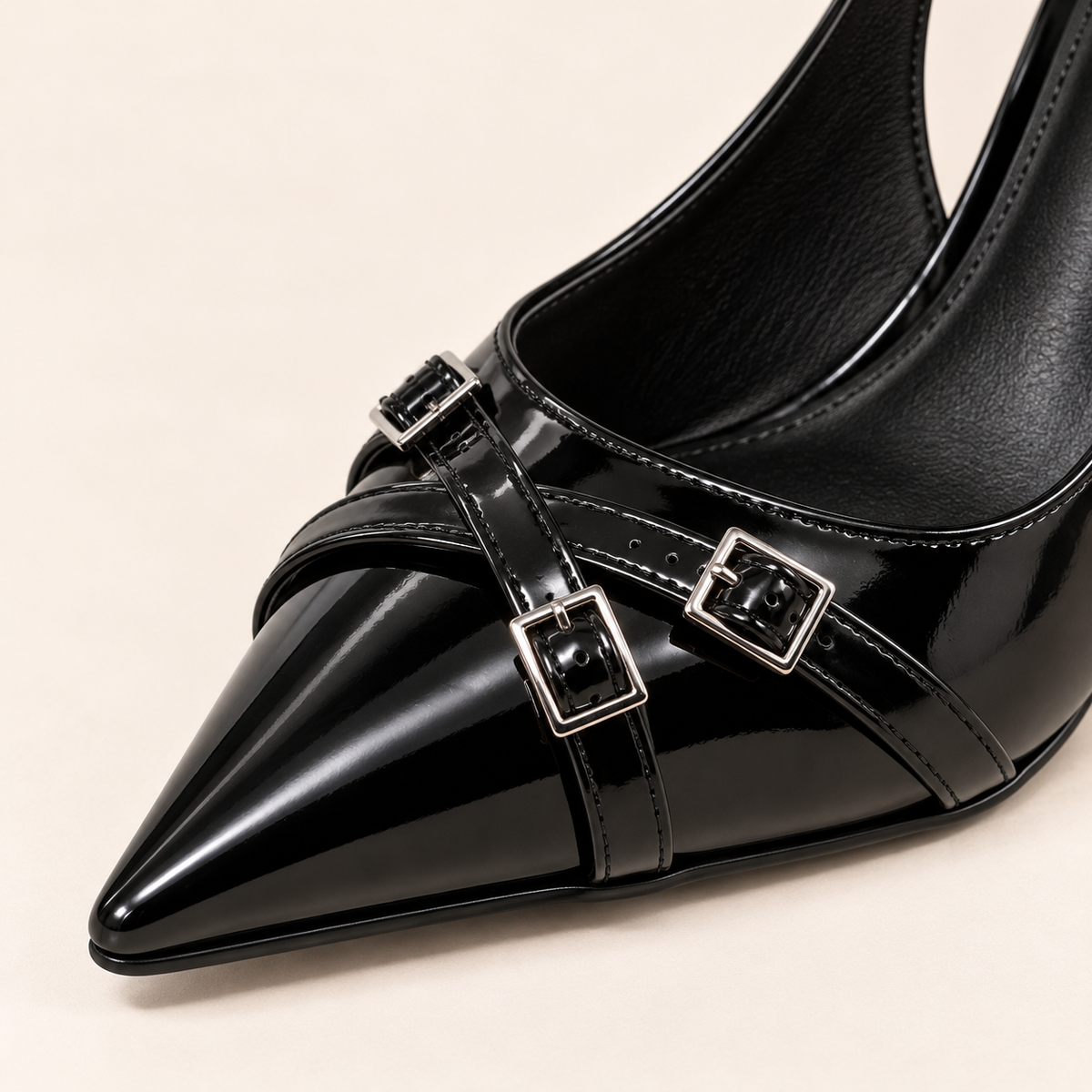 Women's Black Pointed Toe Slingback Pumps with Buckle Detail and Stiletto Heel alternate view