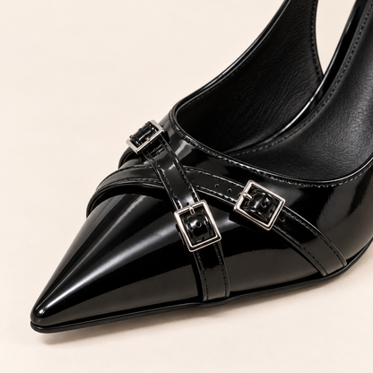 Women's Black Pointed Toe Slingback Pumps with Buckle Detail and Stiletto Heel alternate view