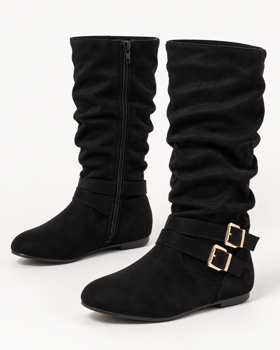 Women's Mid-Calf Slouch Boots with Double Buckles, Side Zip and Flat Heel product image