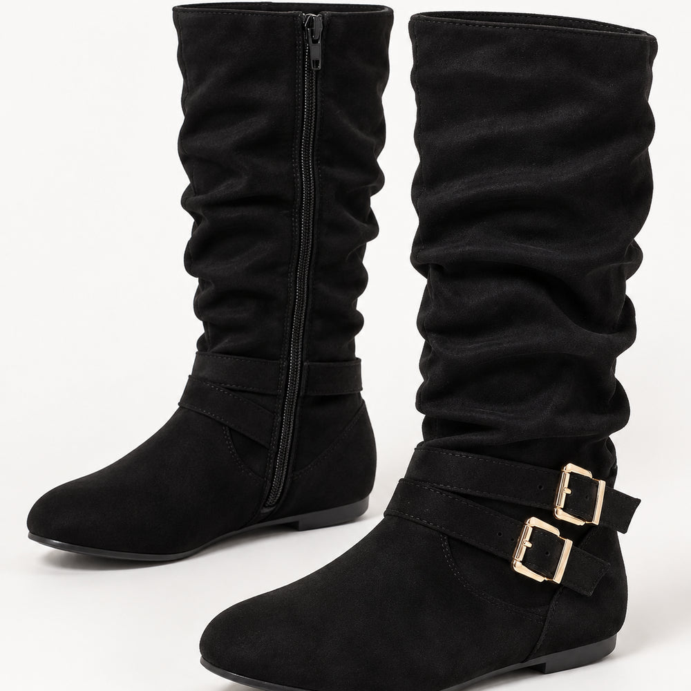 Women's Mid-Calf Slouch Boots with Double Buckles, Side Zip and Flat Heel - Google Shopping product image