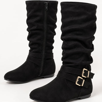 Women's Mid-Calf Slouch Boots with Double Buckles, Side Zip and Flat Heel - Google Shopping product image