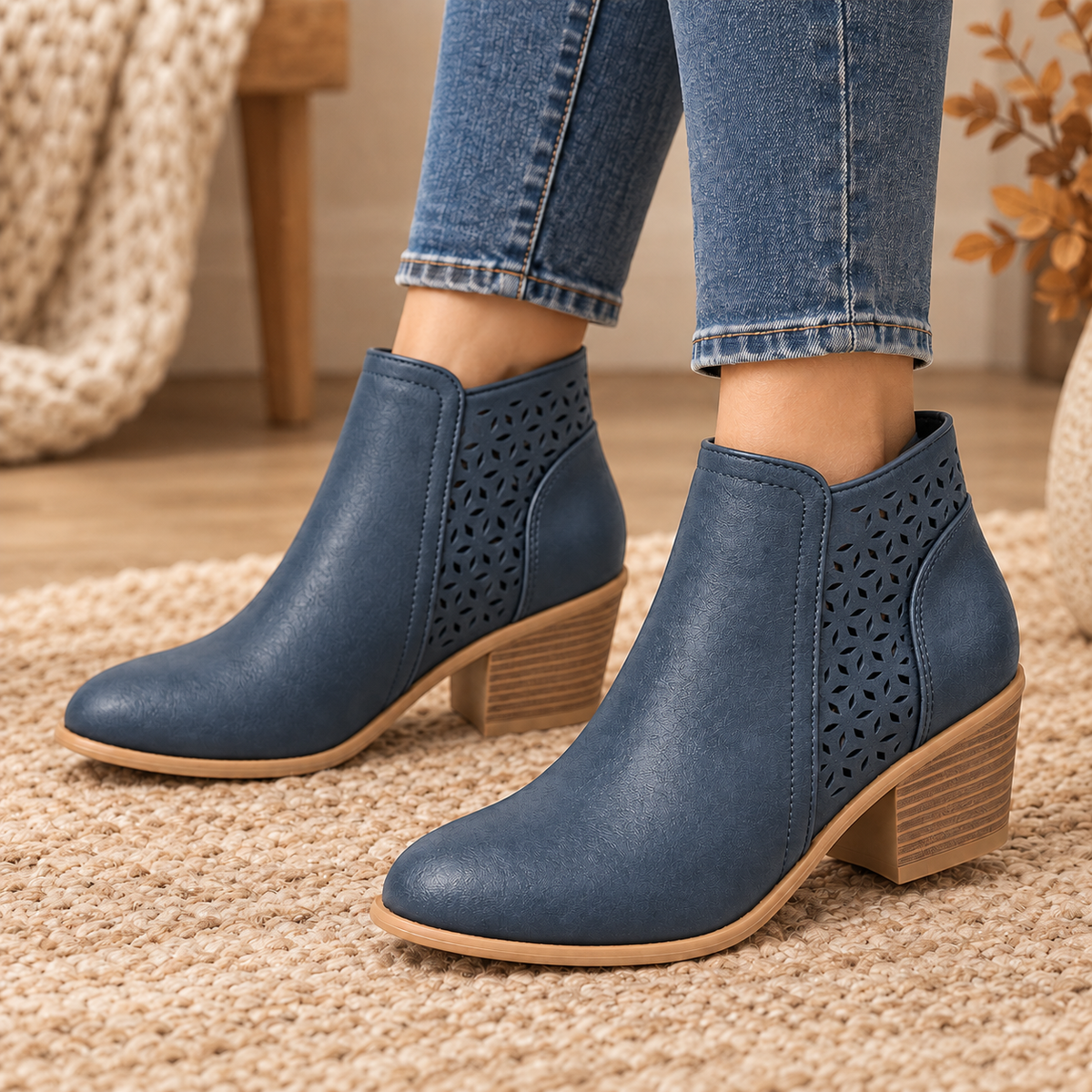 Women's Ankle Boots with Perforated Side Panels, Block Heel and Side Zip alternate view