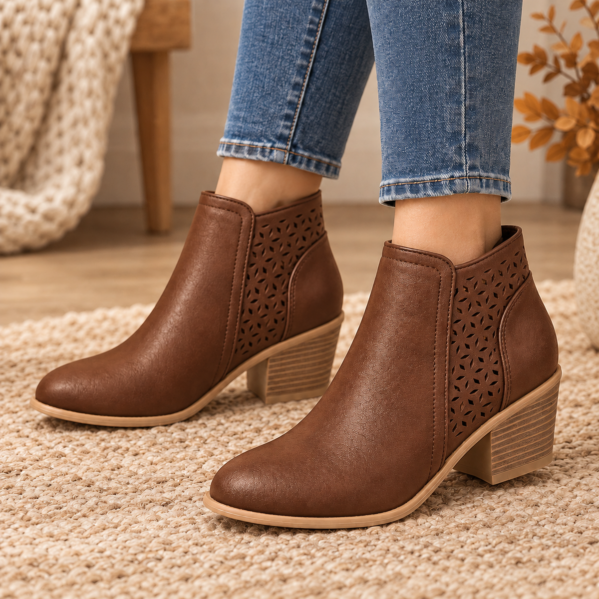 Women's Ankle Boots with Perforated Side Panels, Block Heel and Side Zip alternate view