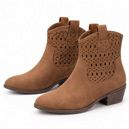 Women's Perforated Ankle Boots with Round Toe, Pull Tabs and Low Block Heel alternate view