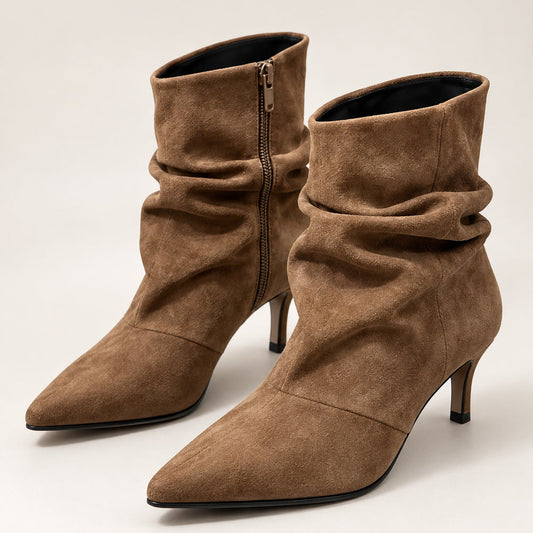 Women's Brown Pointed-Toe Ankle Boots with Ruched Faux Suede and Kitten Heel - Google Shopping product image