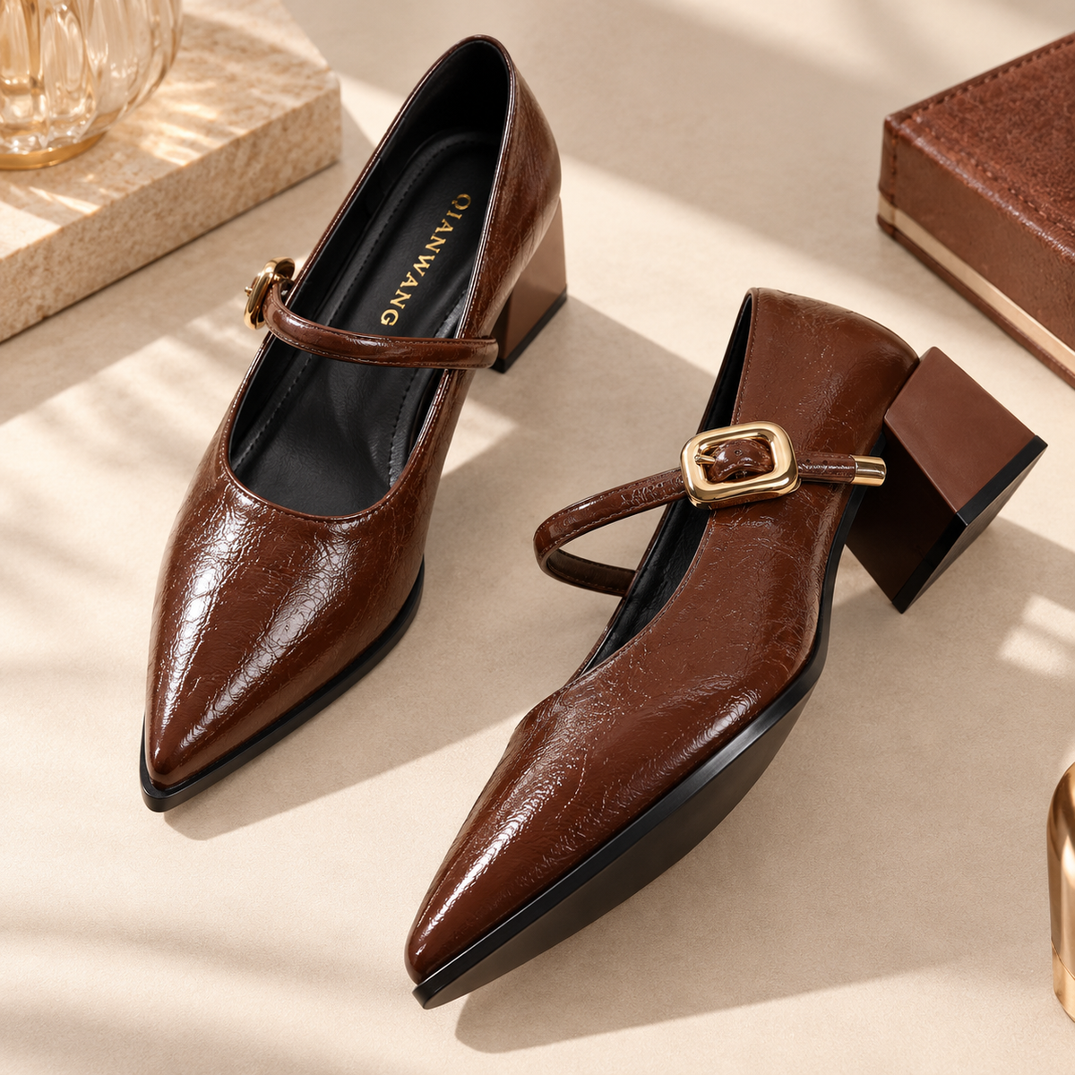 Women's Pointed Toe Mary Jane Pumps with Buckle Strap and Chunky Block Heel alternate view