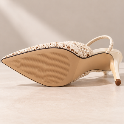 Women's Creamy White Openwork Pointed Toe Slingback Heels with Slim High Heel alternate view