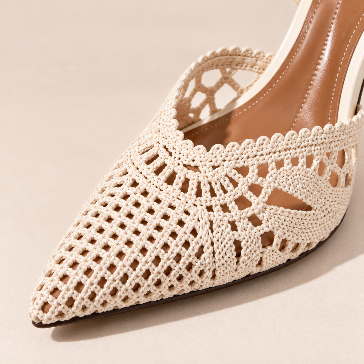 Women's Creamy White Openwork Pointed Toe Slingback Heels with Slim High Heel alternate view