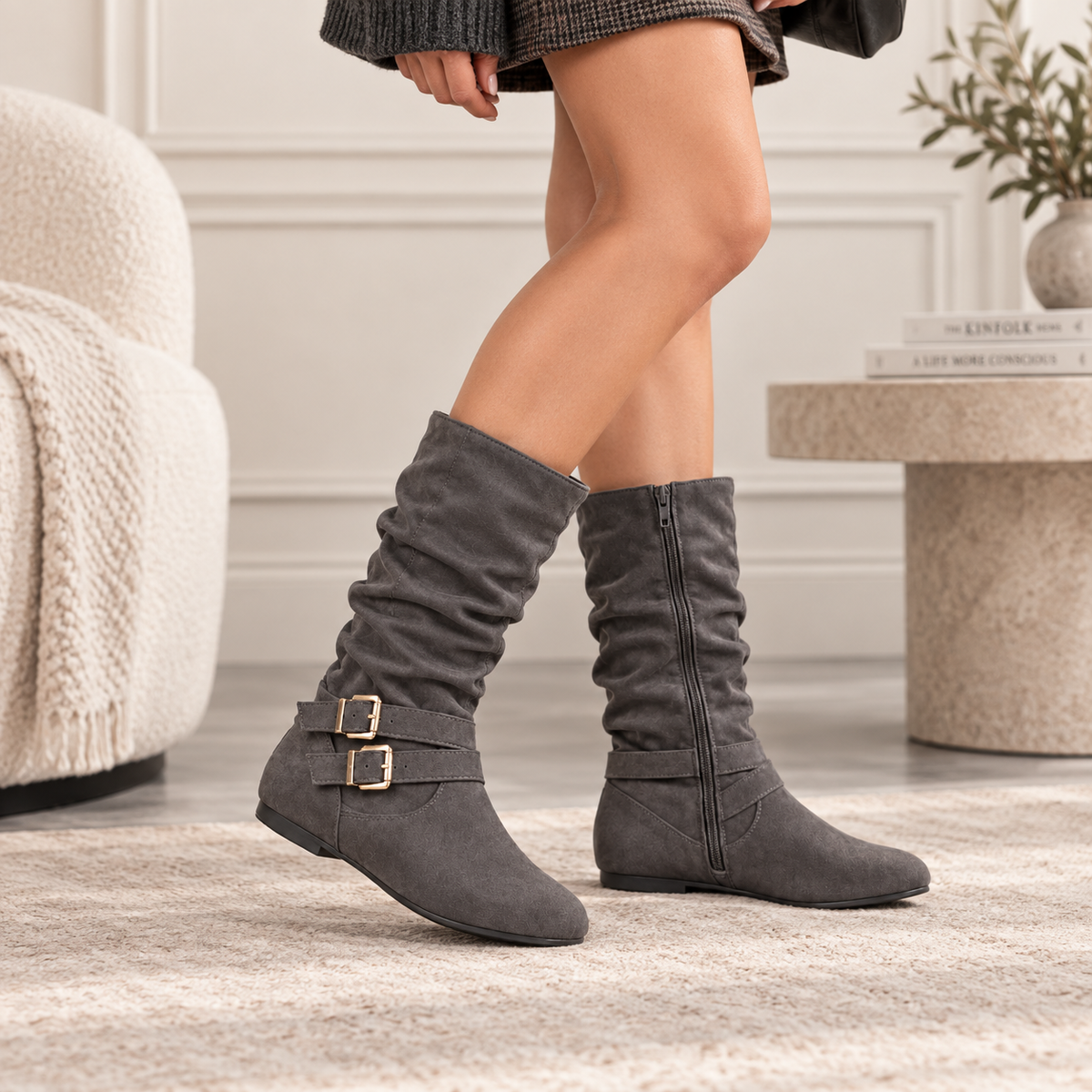 Women's Mid-Calf Slouch Boots with Double Buckles, Side Zip and Flat Heel alternate view