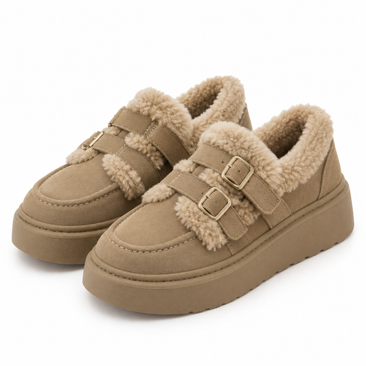 Women's Fleece-Lined Winter Platform Shoes with Double Buckle Straps and Thick Sole product image