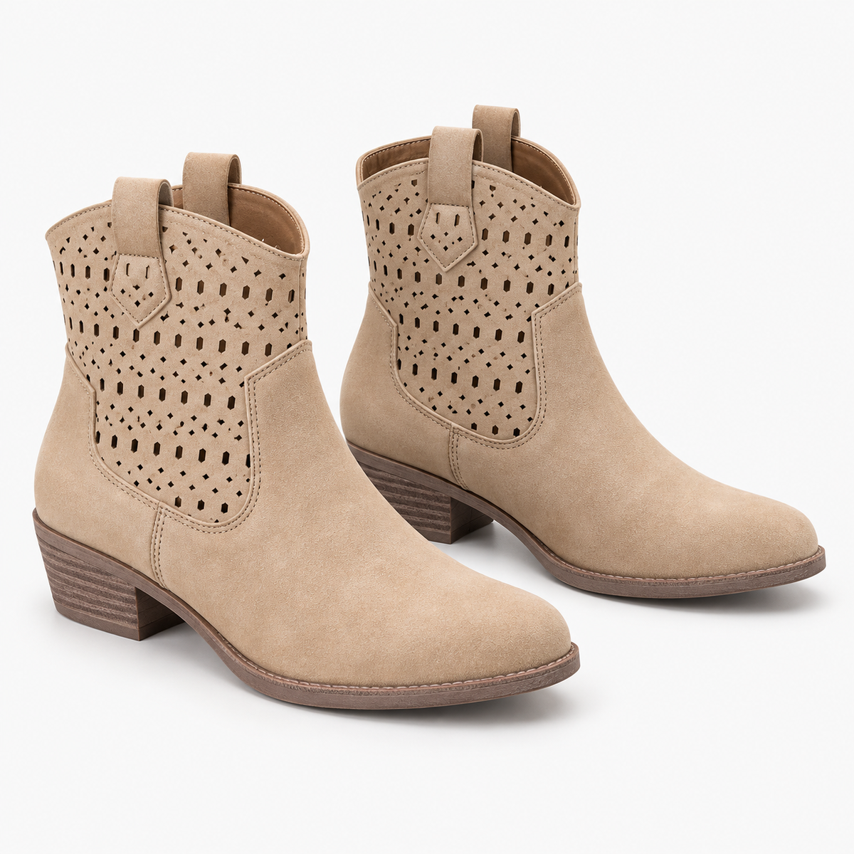 Women's Perforated Ankle Boots with Round Toe, Pull Tabs and Low Block Heel alternate view