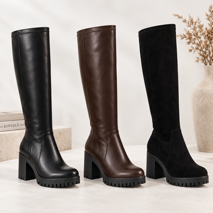 Women's Knee-High Boots with Chunky Block Heel, Lug Sole and Round Toe product image