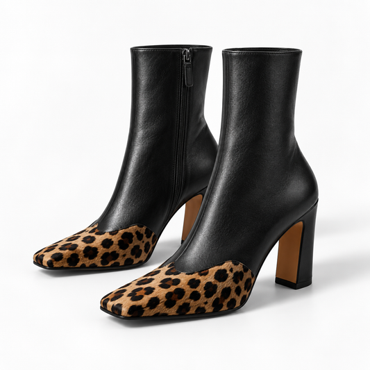 Women's Square-Toe Ankle Boots with Chunky Heel, Side Zipper and Contrast Toe product image